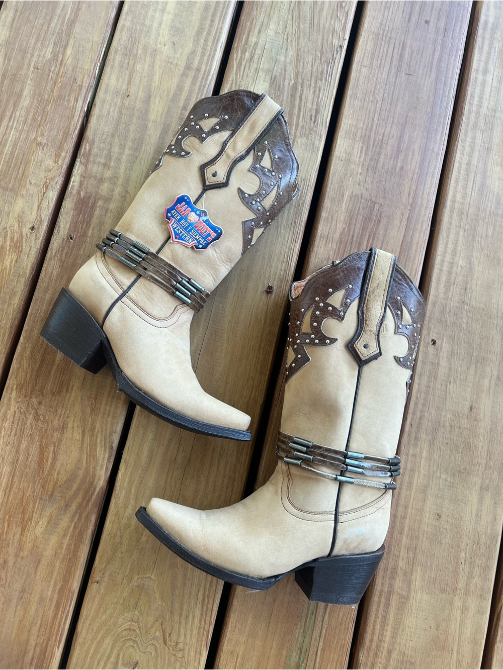 Western Leather Mid-Calf Boots in Beige and Brown